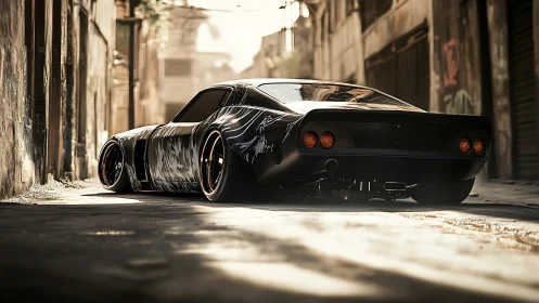 Low-slung modified coupe is parked in a narrow urban alley