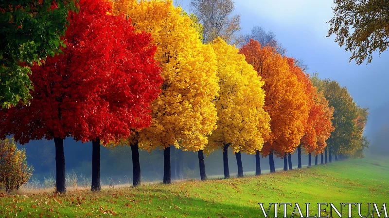 Autumn color row of trees lining misty rural meadow.