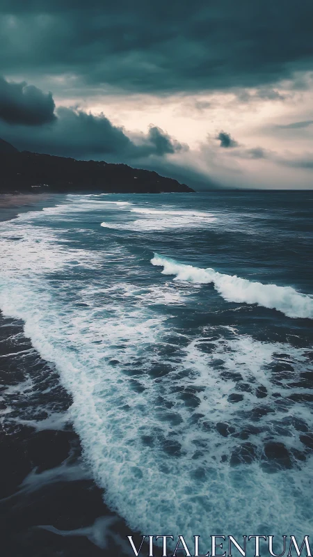 Moody stormfront over teal shoreline with foaming surf.