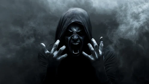Dark hooded figure unleashes a raw scream in swirling smoke