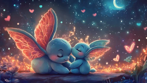 Bioluminescent bunny sprites rest beneath a glowing crescent