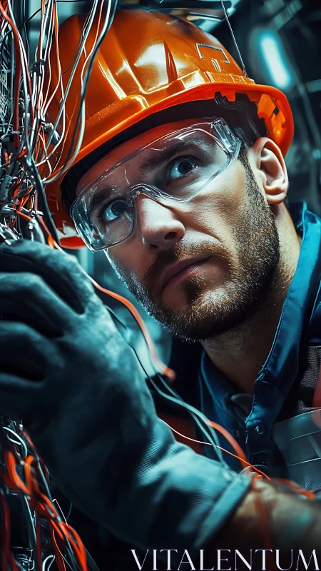 Electrical technician inspects complex wiring with focus.