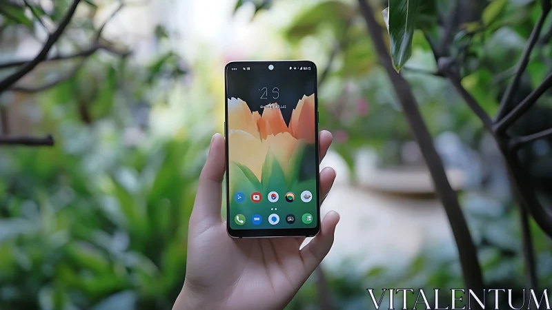 Hand-Held Android Smartphone Displaying Vibrant Floral Interface.