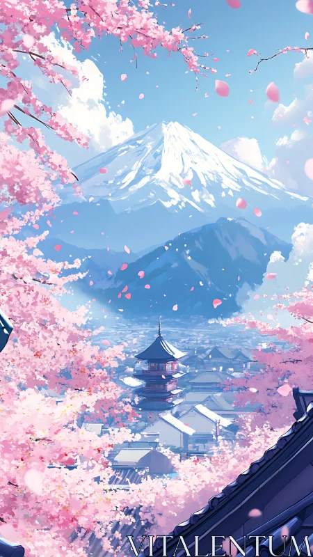 Cherry blossoms frame snowy peak above serene pagoda town.