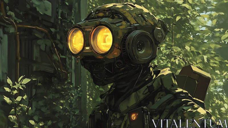 Curious jungle robot explores a quiet overgrown ruin softly