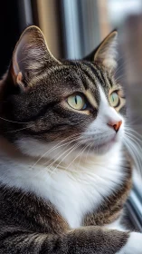 Tabby and White Cat With Striking Green Eyes.
