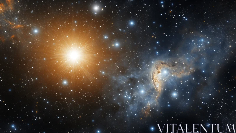 Bright orange star and dusty blue nebula in star field.