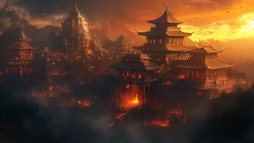 Sunset-ignited pagoda citadel rendered in high dynamic contrast