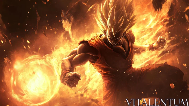 Dynamic anime warrior engulfed in fiery energy vortex composition.