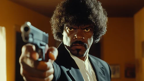 Man in suit points handgun directly at camera indoors