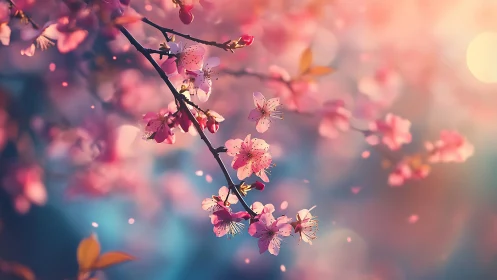 Cherry Blossom Branch with Bokeh Depth of Field and Warm Color Grading