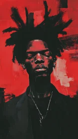 Portrait of stoic figure against bold red abstract field