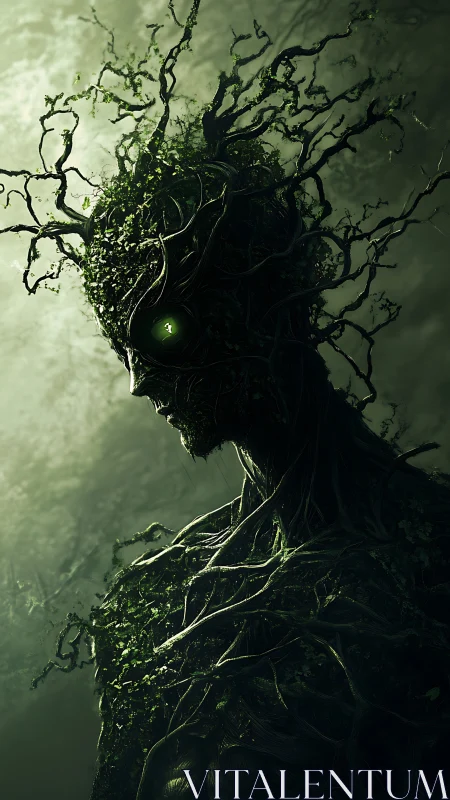 Tree-like humanoid figure with glowing green eye profile