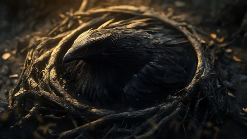 Quiet guardian eagle rests within a ring of twisted roots