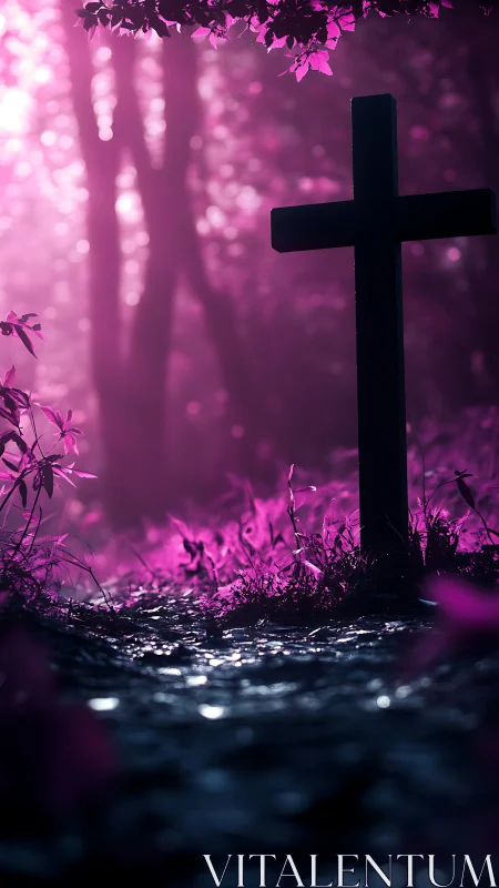 Backlit graveyard cross in ethereal magenta forest haze
