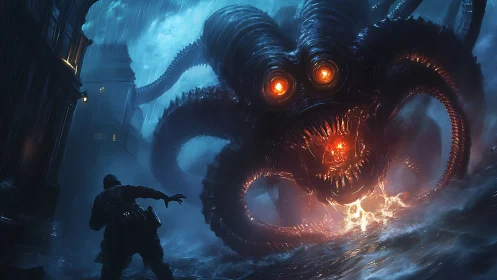 Giant tentacled sea monster attacks lone soldier in storm