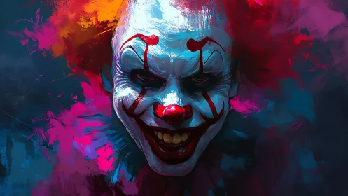 Sinister clown portrait with vivid abstract colors.