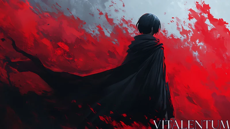 Lone cloaked figure amid abstract crimson storm field.