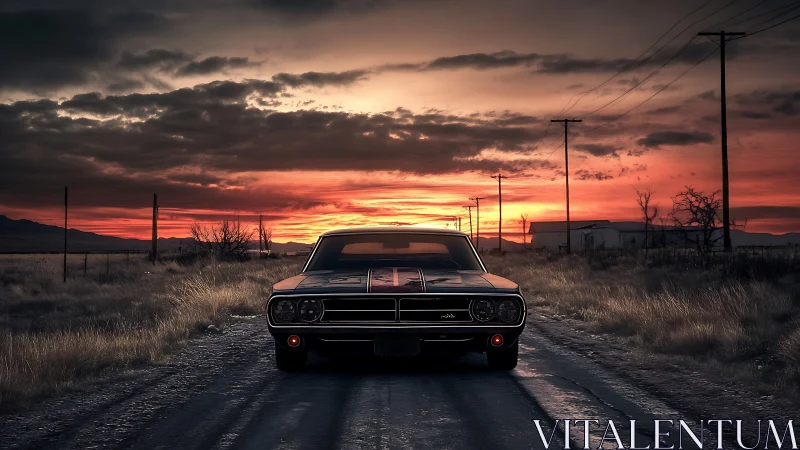 Low-angle muscle car portrait on rural road beneath dramatic sunset