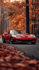 Crimson supercar hums softly through a tunnel of burning leaves