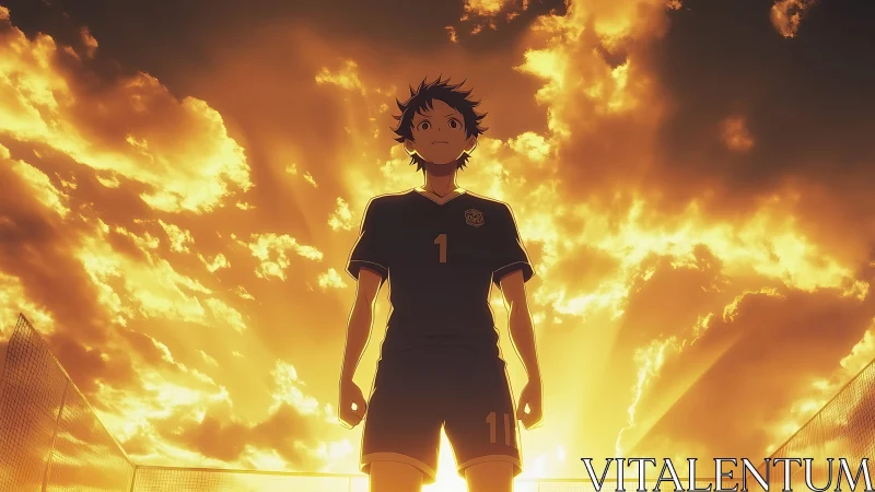 Sunlit soccer hero poised before blazing twilight sky.