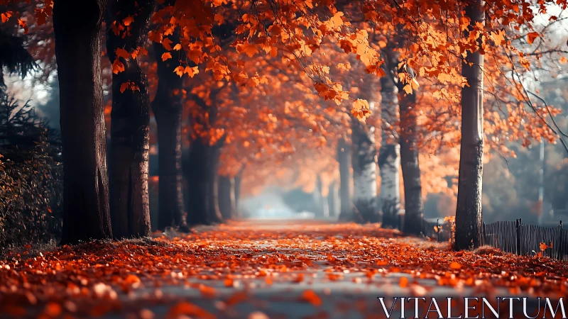 Tree-lined urban pathway covered in fallen autumn leaves.