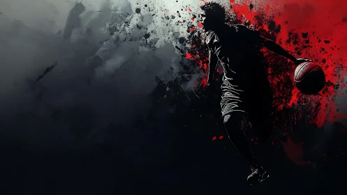 Silhouette basketball player drives forward through splattered color