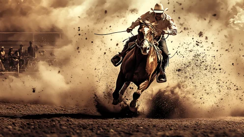 Rodeo rider charging through dust in a burst of wild energy.