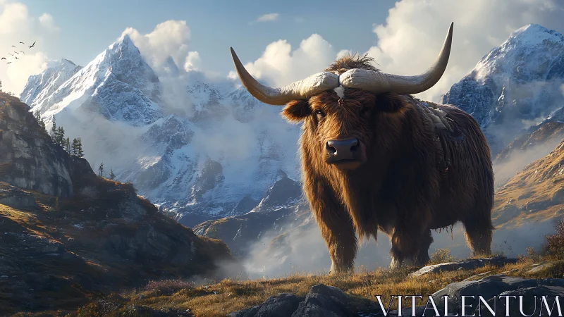 Majestic longhorn bison dominates sunlit alpine valley.