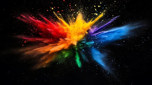 Chromatic powder burst radiating across black space.