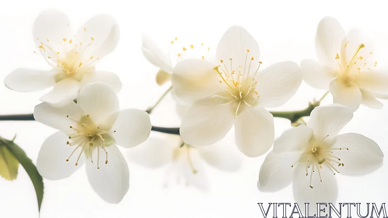 Delicate white jasmine flowers with golden stamens bloom in spring sunlight