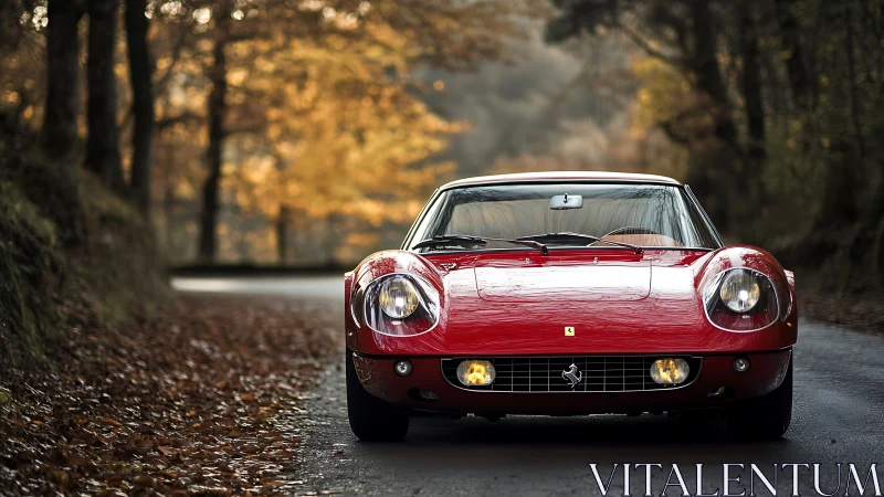 Classic red sports car glows on misty autumn forest road.