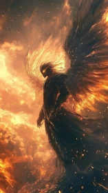Celestial inferno seraph with molten wings amid storm clouds
