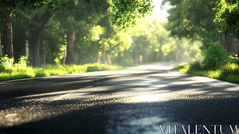 Sunlit forest roadway with dewy asphalt and soft bokeh glow.