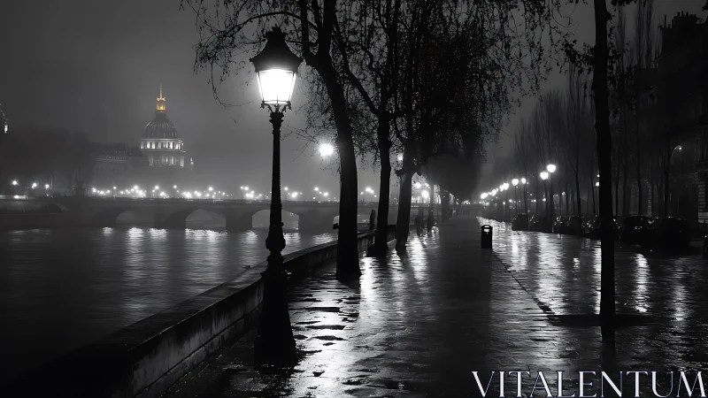 Foggy riverside promenade shows wet pavement and bridge lights