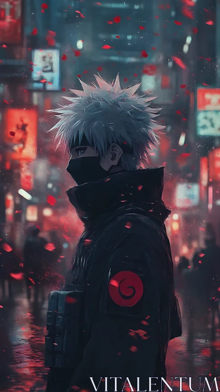 Masked anime warrior walks through neon city at night.