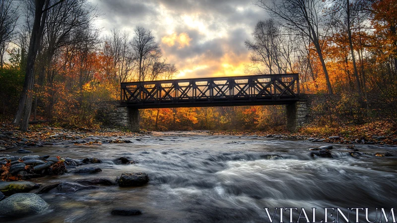 Steel truss bridge above shallow river in autumn forest.