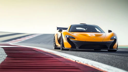 Orange hybrid supercar on apex of modern racing circuit