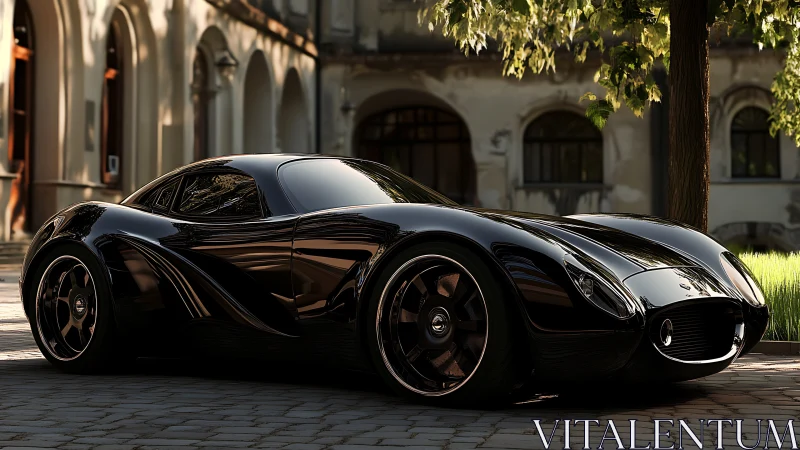 Midnight coupe glides like liquid obsidian through quiet courtyard