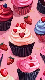 Vibrant Berry-Topped Cupcakes Against Soft Pink Background.