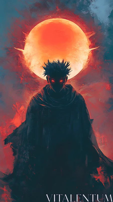 Eclipsed warlock silhouette under crimson burning halo.