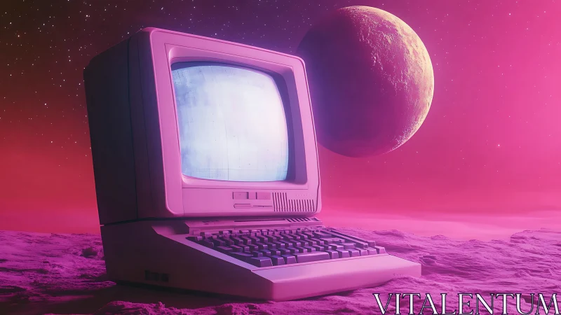 Retro computer glows under neon planetary skyscape.