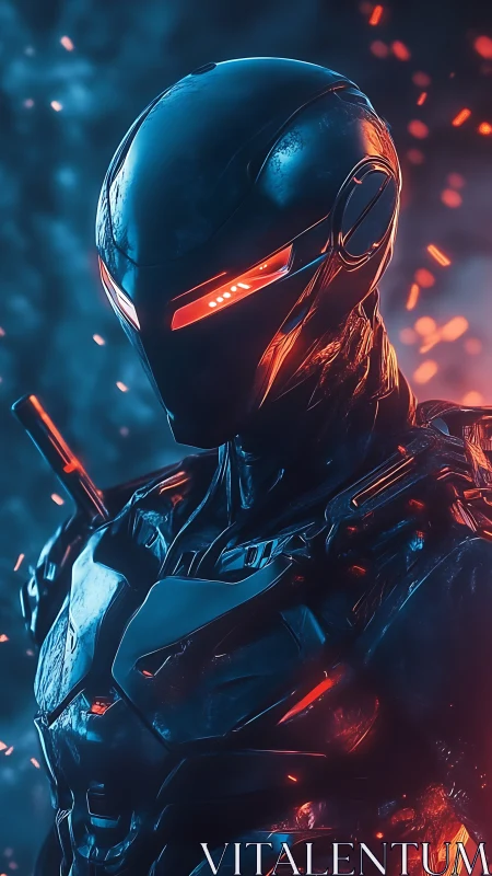 Cybernetic combat exosuit with emissive optics in ember field.