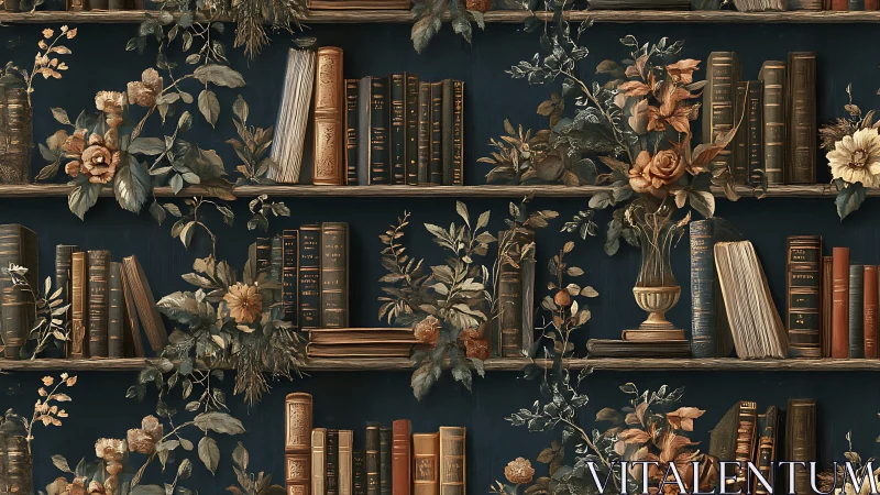 Bookshelves with vintage volumes and botanical arrangements are shown