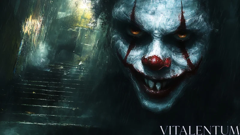 Dark stairwell scene with close-up of sinister clown face.