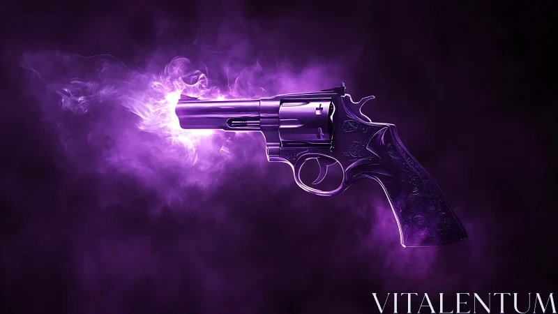Violet revolver exhales neon smoke across a midnight void
