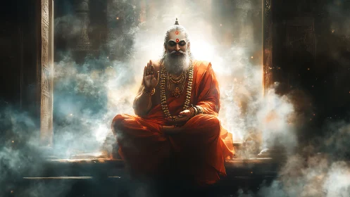 Mystic sage seated in radiant temple smoke and light.