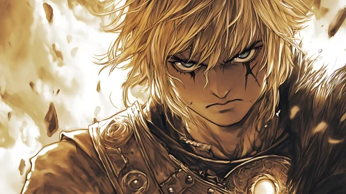 Blond armored warrior stares forward with intense resolve