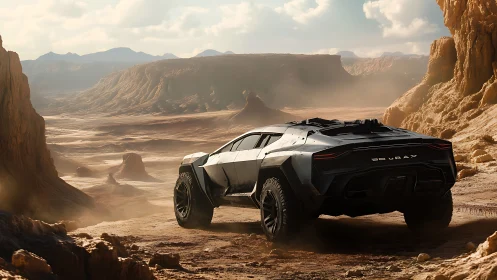 Futuristic off road supercar crossing rugged desert canyon.