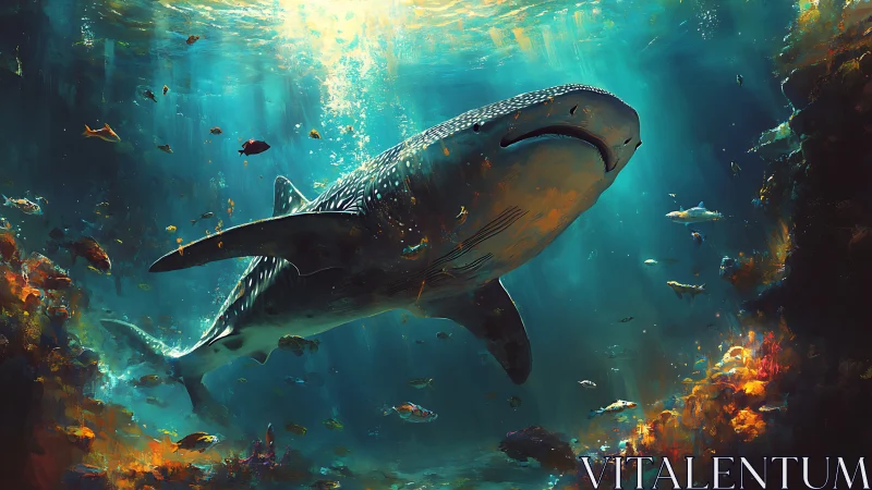 Whale shark glides through sunlit coral canyon seascape